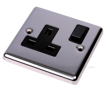 Polished Chrome Single Socket 1 Gang Switched DP - With Black Insert
