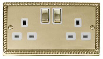 Georgian Brass Double Socket -Ingot 2Gang Switched - With White Interior
