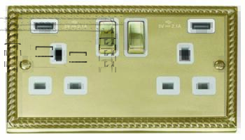 Georgian Brass Double Socket -Ingot 2Gang Switched - USB With White Interior