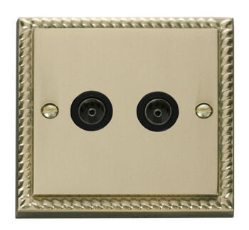 Georgian Brass Double TV Socket -Twin Co-ax Outlet - With Black Interior