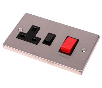 Stainless Steel Cooker Switch with Socket 45A DP  - With Black Interior
