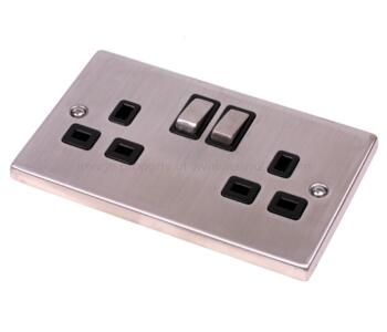Stainless Steel Double Socket Ingot 2Gang Switched - With Black Interior