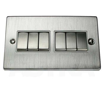 Stainless Steel Light Switch - 6 Gang 2 Way - With White Interior
