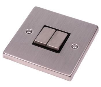 Stainless Steel Light Switch - Double 2 Gang Twin - With Black Interior