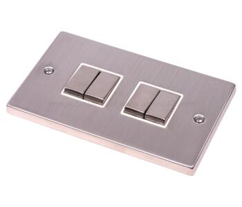 Stainless Steel Light Switch - Quad 4 Gang 2 Way - With White Interior