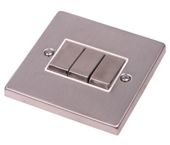 Stainless Steel Light Switch - Triple 3 Gang 2 Way - With White Interior