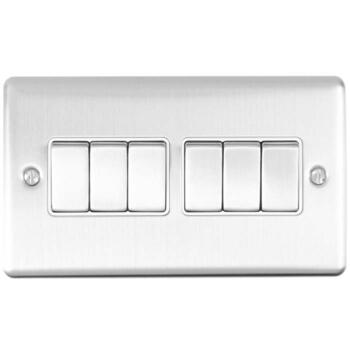 Satin Stainless Steel & White Light Switch - 6 Gang 2 Way Sextuple