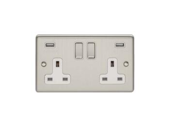 Satin Stainless Steel & White Socket With USB Charger - 2 Gang With 2 x USB