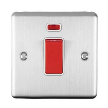 Satin Stainless Steel & White 45A DP Shower / Cooker Isolator Switch - 1 Gang With Neon