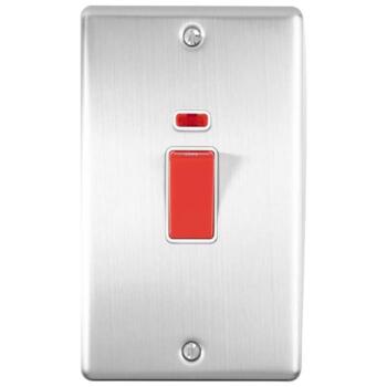 Satin Stainless Steel & White 45A DP Shower / Cooker Isolator Switch - 2 Gang (Vertical) With Neon