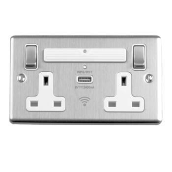 Satin Stainless Steel & White Double Socket With USB and Wi-Fi Range Extender