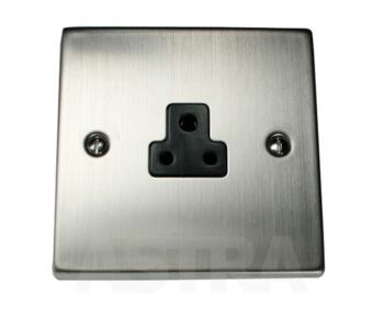 Stainless Steel Single Round Pin Socket 2A 1 Gang - With Black Interior