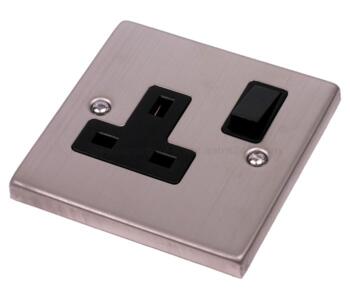 Stainless Steel Single Socket 13A 1 Gang Switched - With Black Interior