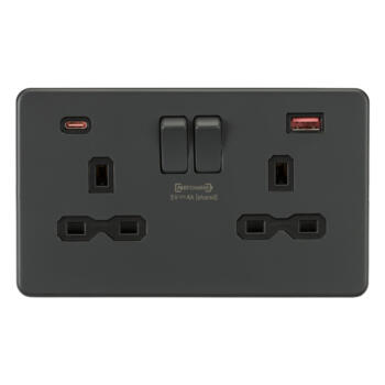 Screwless Anthracite Grey Socket With Fastcharge Type A & Type C USB  - 2 Gang With Type A + Type C USB