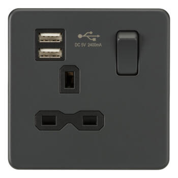 Screwless Anthracite 1G Switched Socket With USB - With 2 x Type A USB