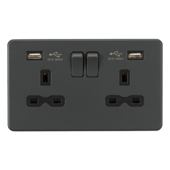 Screwless Anthracite Grey Socket with USB Charger - 2 Gang With 2 USB