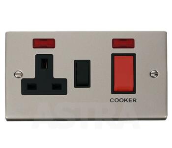 Pearl Nickel Cooker Switch & Socket 45A DP Neon - With Black Interior