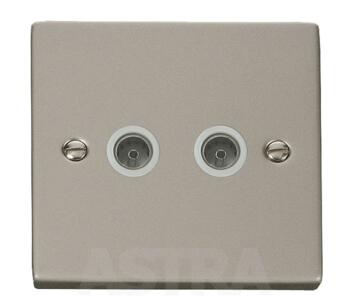 Pearl Nickel Double TV Socket Twin Co-ax Outlet - With White Interior