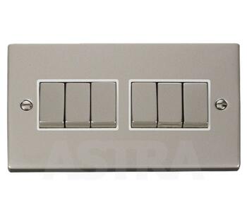 Pearl Nickel Light Switch - 6 Gang 2 Way - With White Interior