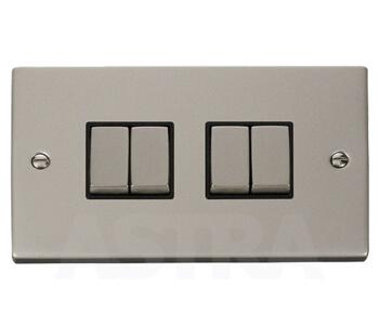 Pearl Nickel Light Switch - Quad 4 Gang 2 Way - With Black Interior