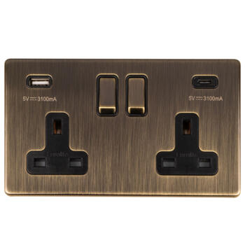 Screwless Antique Brass USB Socket - 1 x USB A & 1 x USB C