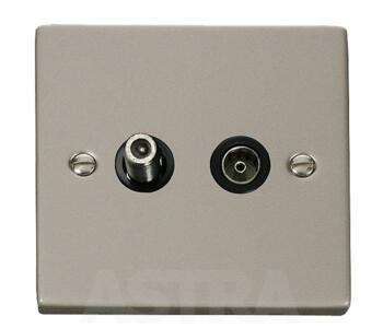Pearl Nickel Satellite & TV Socket Co-ax Outlet - With Black Interior