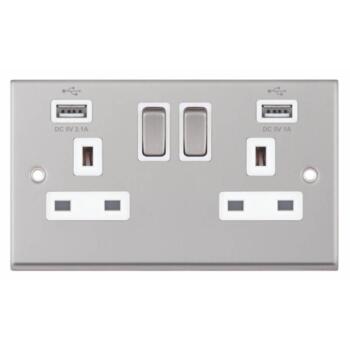 Satin Chrome & White Double Socket With USB Charger  - 2 Gang With USB