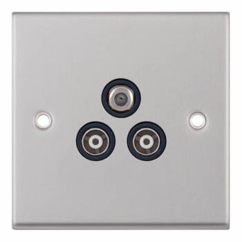Satin Chrome Co-Axial Television Socket - 3 Gang Triple Satellite & Twin Coax 
