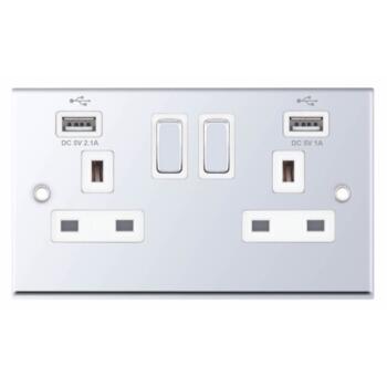 Polished Chrome Double Socket With USB Charger - 2 Gang With USB