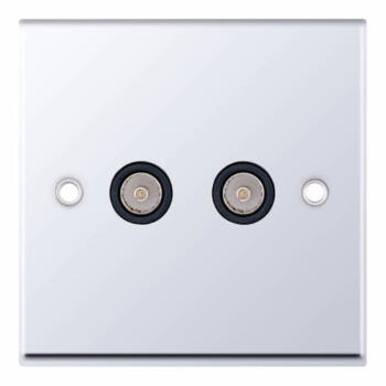 Polished Chrome & Black Co-Axial Television Socket  - 2 Gang Double TV/FM