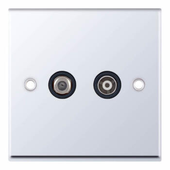 Polished Chrome & Black Co-Axial Television Socket  - 2 Gang TV & Satellite