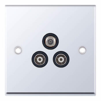Polished Chrome & Black Co-Axial Television Socket  - 3 Gang Triple Satellite & Twin Coax 