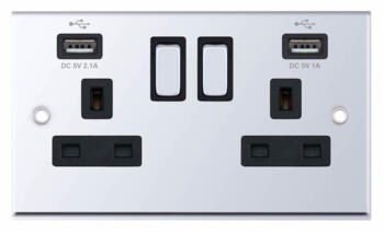 Polished Chrome & Black Double Socket With USB Charger  - 2 Gang With USB