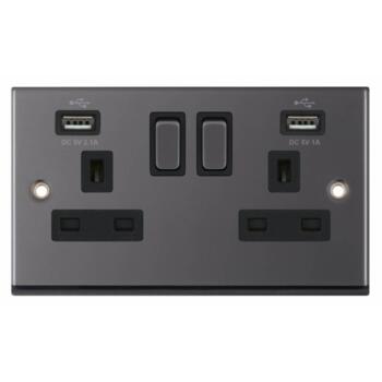 Black Nickel Double Socket With USB Charger - 2 Gang With USB