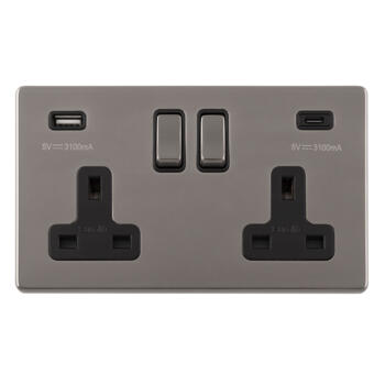 Screwless Black Nickel Double Switched Socket With USB Charger - 1 x USB A & 1 x USB C