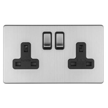 Screwless Stainless Steel Double Switched Socket - Black Insert