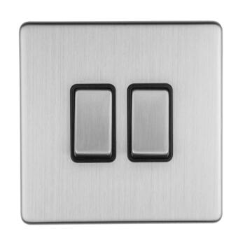 Screwless Stainless Steel Double Light Switch - 2 Gang 2 Way - Black Insert