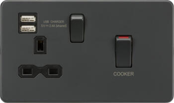 Screwless Anthracite Grey 45A Cooker Switch With 13A Socket - 13A Socket & 2 x USB