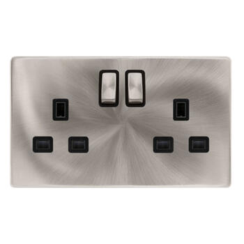 Screwless Brushed Steel Double Socket 13A Ingot - With Black Interior