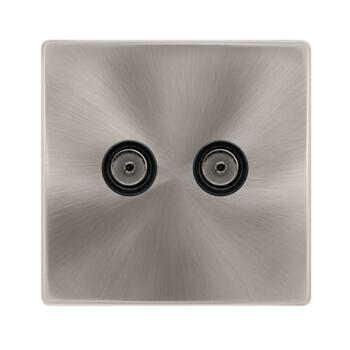Screwless Brushed Steel Double TV Socket Outlet - With Black Interior