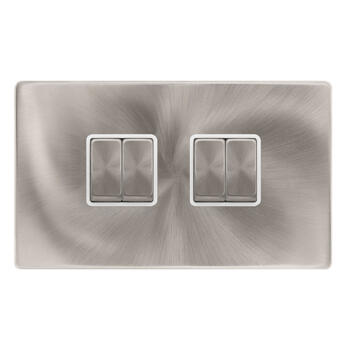 Screwless Brushed Steel Light Switch 4 Gang Ingot - With White Interior