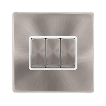 Screwless Brushed Steel Light Switch Triple Ingot - With White Interior