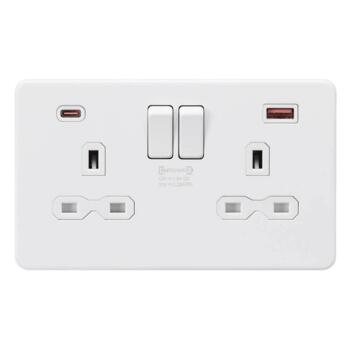 Screwless Matt White Double Socket with Fastcharge USB Charger - 2 Gang With Type A + Type C USB