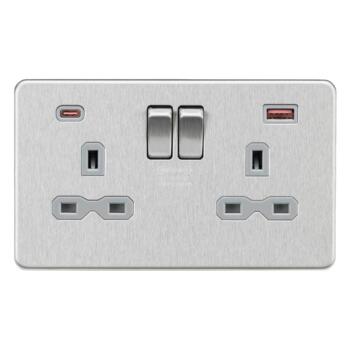 Screwless Brushed Chrome Double Socket with Fastcharge USB Charger - 2 Gang With Type A + Type C USB
