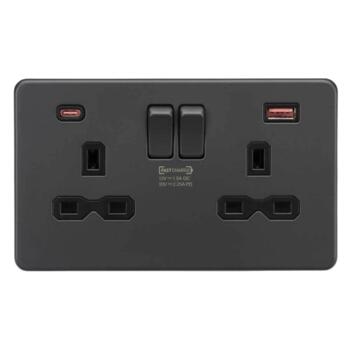 Screwless Anthracite Grey Double Socket with Fastcharge USB Charger - 2 Gang With Type A + Type C USB