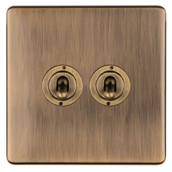 Screwless Antique Brass Toggle Light Switch - 2 Gang 2 Way Double 