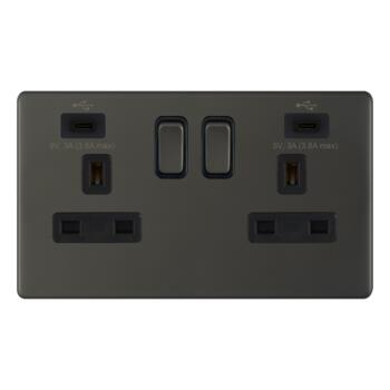 5mm Screwless Dark Bronze USB Charger Socket - 2 Gang 2 x Type C USB 3A