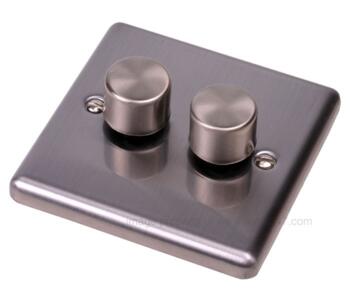 Brushed Satin Chrome Dimmer Switch - Twin 2G 2Way - With White Insert