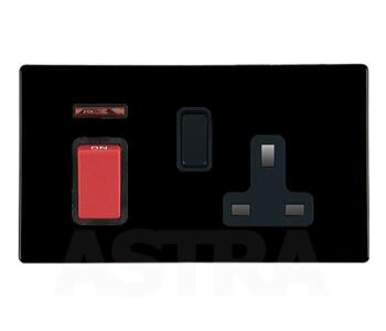 Jet Black Cooker Switch & Socket Neon 45A DP - Screwless With Black Interior