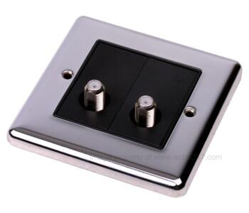Polished Chrome Twin Satellite Socket Outlet - With Black Interior